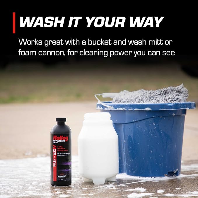 Holley Wash + Wax - 2-Stage Shampoo & Wax - 16 oz. | High-Performance Car Care, Washing Liquid - Soap Concentrate with Carnauba Protective Wax - For all car types