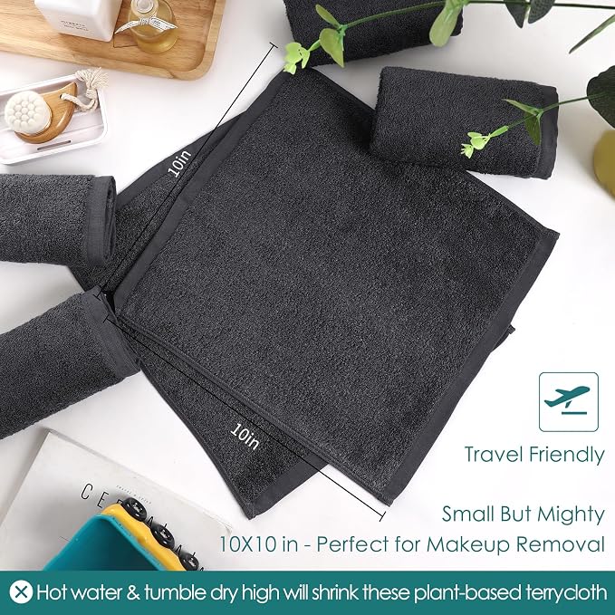Face Washcloths 12 Pack,Womens Reusable Makeup Remover Towel,10''x10'',Grey | 100% Viscose,Extra Soft,Gently Wash Face for Sensitive Skin,Hanging Loop,Quick Dry,Facial Cleansing,Bathroom,Travel Use