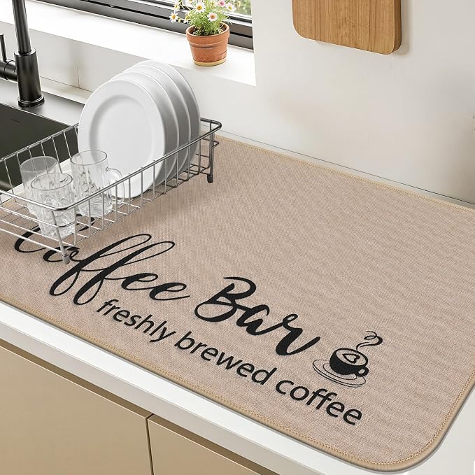 Findosom Dish Drying Mat, 12"x 20" Super Absorbent & Hide Stain Coffee Mat, Cuttable Drying Mat for Kitchen Counter, Coffee Bar Accessories, Under Dish Rack, Coffee Maker, Espresso Machine, Linen