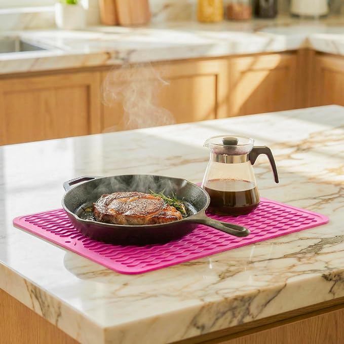 MicoYang Silicone Dish Drying Mat — Quick-Dry Ridges Counter & Sink Pad, Heat-Resistant Trivet to 450°F, Non-Slip & Dishwasher Safe, Roll-Up Storage, 18 Colors & 9 Sizes (Rose, 16"×12")