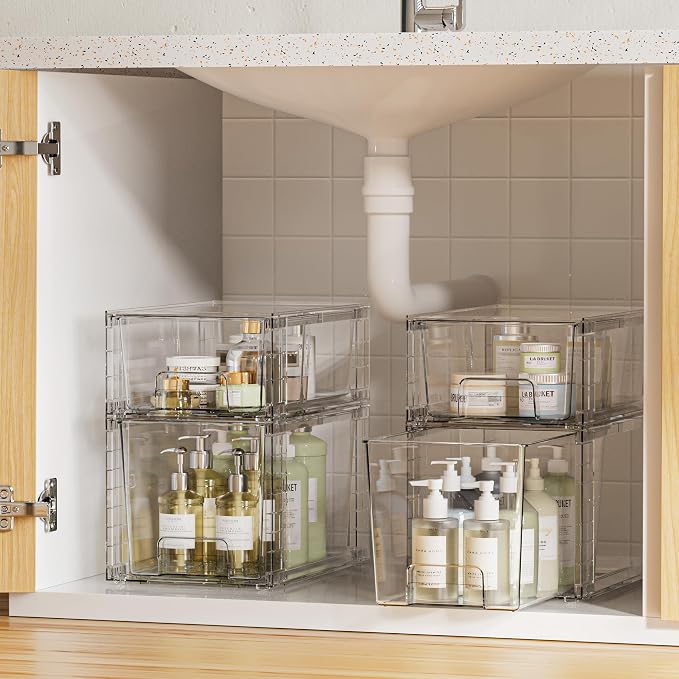 Vtopmart 8 Pack Clear Stackable Cabinet Organizers with Pull-Out Drawers, Clear Storage Drawers, 6 Medium and 2 Small for Under Sink, Pantry, Bathroom, Closet and Kitchen Storage