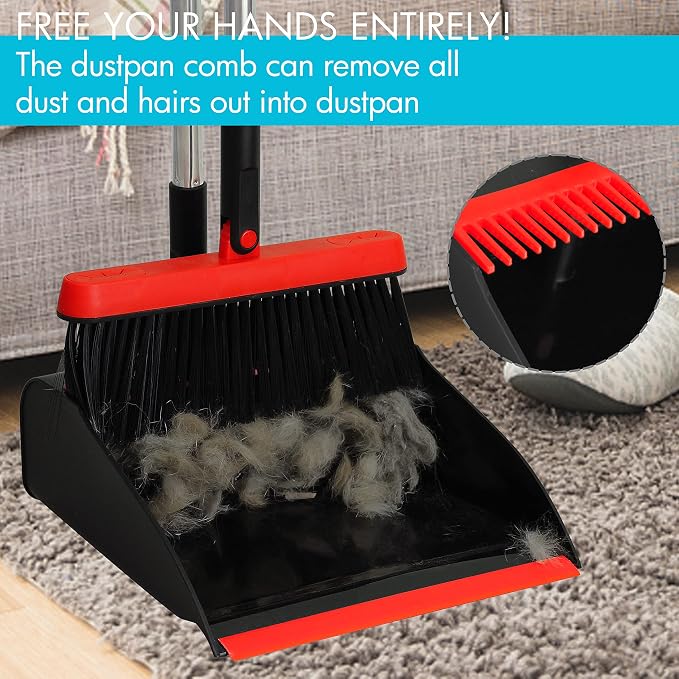 2 Pack Broom and Dustpan Set with 48" Long Handle Black | Stand Up Dustpan with Self-Cleaning Teeth and Long Handle Broom Set for Home, Office, Kitchen and Indoor Outdoor Cleaning