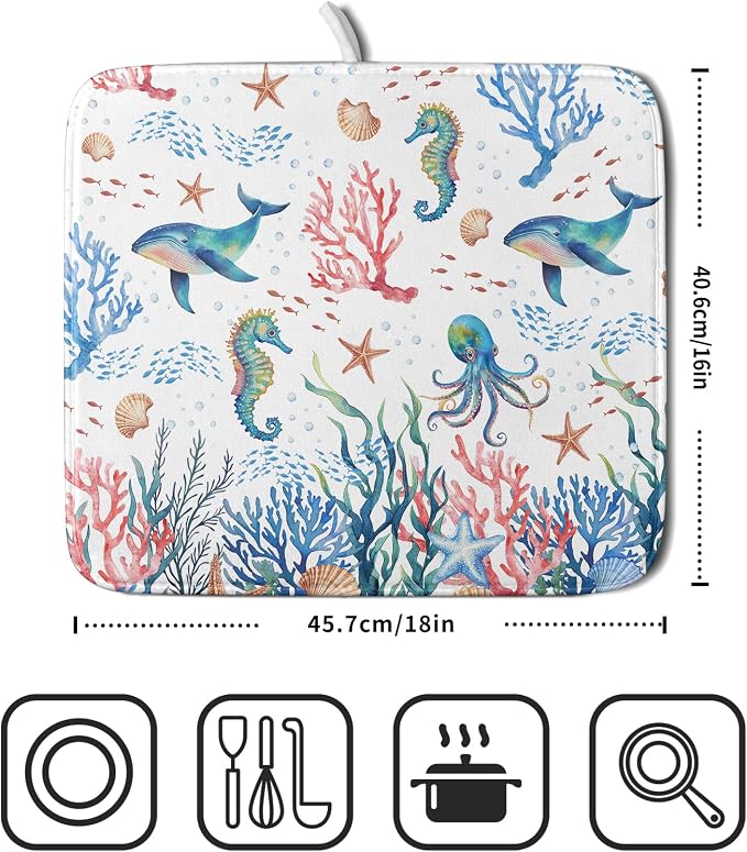 Giwawa Coastal Ocean Dish Drying Mat Seahorse Whales Drainer Rack Mats 16"x18" Absorbent Microfiber Dish Drying Pad Protector for Kitchen Counter