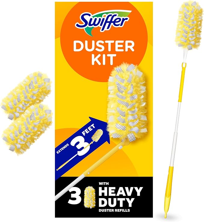 Swiffer Duster Kit with 3 ft Extendable Handle | Includes 1 Duster Extendable Handle (3 ft). 3 Heavy Duty Duster Refills. For Ceiling Fans, Vents, and Hard to Reach Places