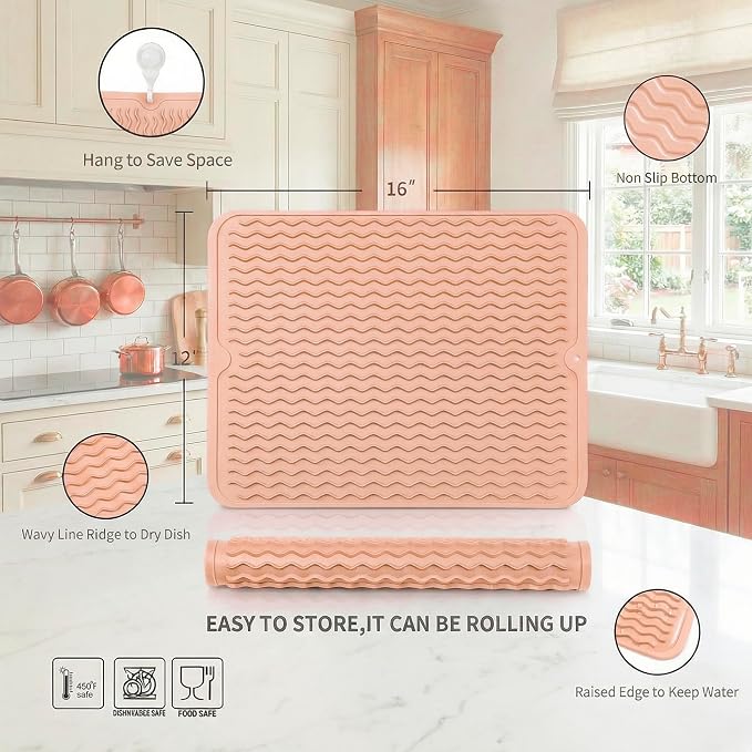 MicoYang Silicone Dish Drying Mat — Quick-Dry Ridges Counter & Sink Pad, Heat-Resistant Trivet to 450°F, Non-Slip & Dishwasher Safe, Roll-Up Storage, 18 Colors & 9 Sizes (Pink, 16"×12")