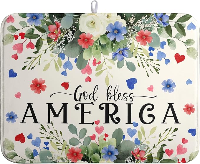 4th of July Patriotic Floral Dish Drying Mat Summer Memorial Day Large Kitchen Mats Dish Drying Pad Absorbent Dish Dryer Mat for Kitchen Countertops Microfiber Drainer Pad Dish Drying Mats (18x24 in)