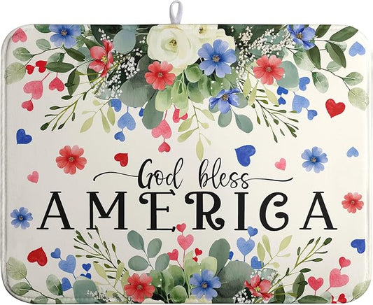 4th of July Patriotic Floral Dish Drying Mat Summer Memorial Day Large Kitchen Mats Dish Drying Pad Absorbent Dish Dryer Mat for Kitchen Countertops Microfiber Drainer Pad Dish Drying Mats (18x24 in)