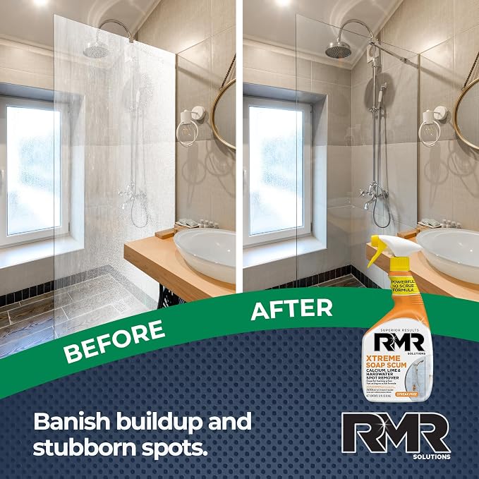 RMR Instant Mold & Mildew Stain Remover Spray + Xtreme Soap Scum Remover, No-Scrub Indoor/Outdoor Cleaning System for Bathroom, Shower, Siding, & Deck, 2–32 Oz Bottles