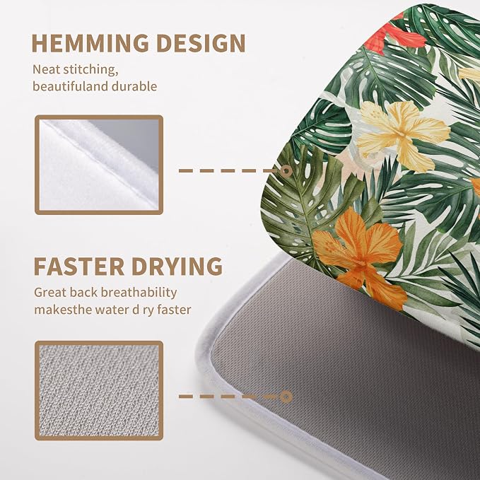 Tropical Palm Leaves Dish Drying Mat for Kitchen Counter Watercolor Flowers Leaf Drying Mat Dish Pads Reversible Absorbent Microfiber Dish Drainer Rack Mat for Countertop 18x24 Inch