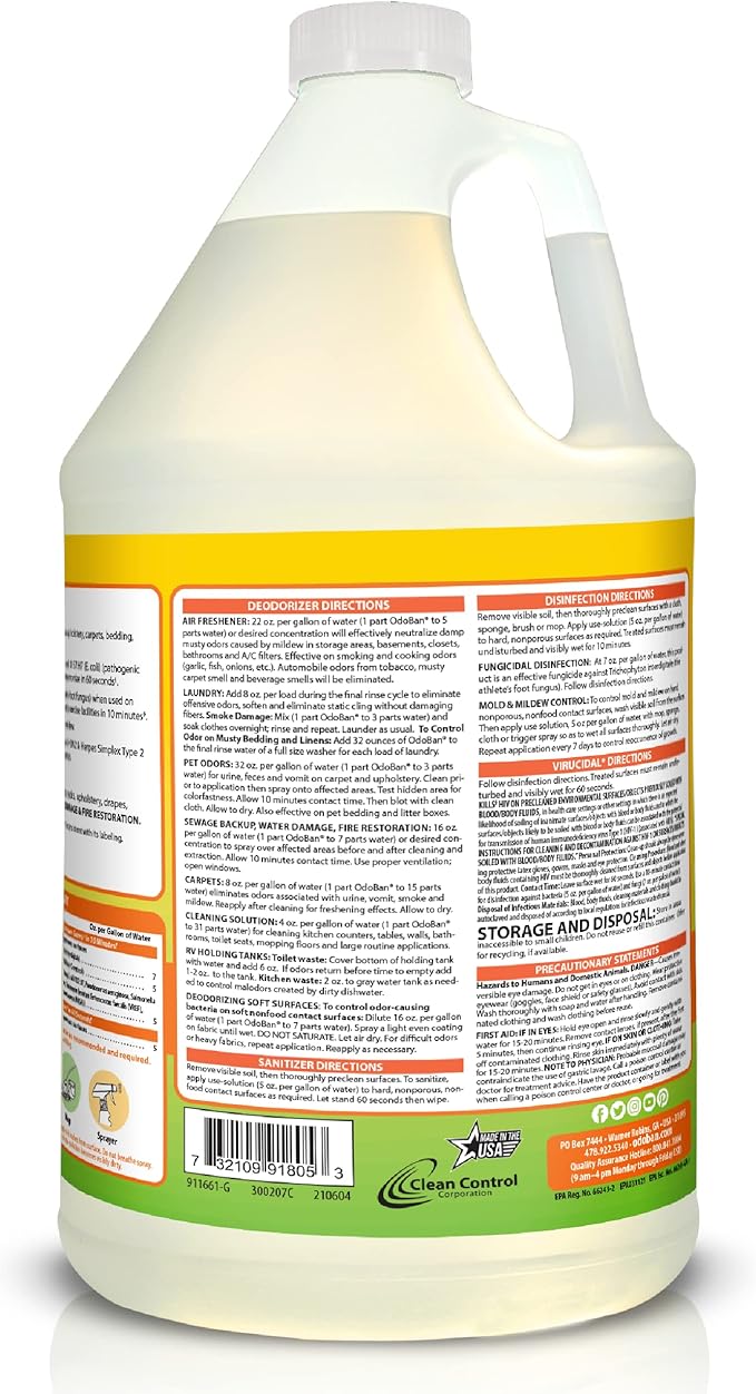 OdoBan Ready-to-Use Disinfectant and Odor Eliminator, Made in the USA, Citrus Scent, Set of 2, 32 oz Spray and 1 Gallon Concentrate