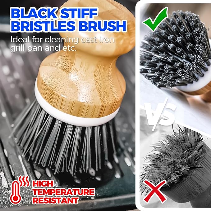 Holikme Bamboo Palm Brush Dish Brushes Vegetable Scrubber Round Natural Scrub Brush Cleaning Kit for Cleaning Saucepans, Pots, Pans and Vegetables, White Yellow Black