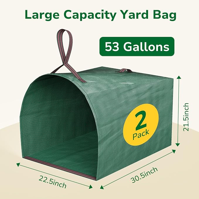 GreatBuddy 53 Gallon Yard Waste Bags, 2-Pack Reusable PP Garden Leaf Bags with Handles, Self-Standing Foldable Lawn Bag for Grass, Twigs and Debris Outdoor Cleanup