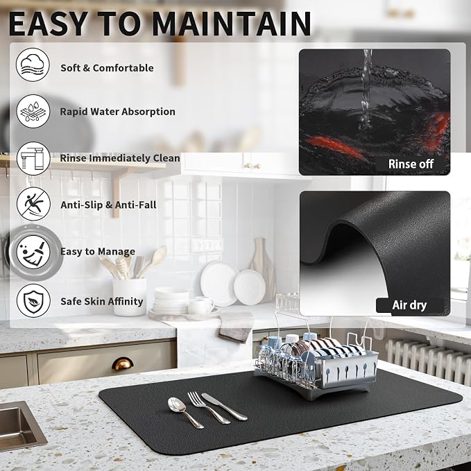 HotLive Dish Drying Mat for Kitchen Counter, Heat Resistant Drainer Mats with Non-slip Rubber Backed, Hide Stain Kitchen Super Absorbent Draining Mat, Easy to Clean Dish Rack Pad, Black 18"x32"