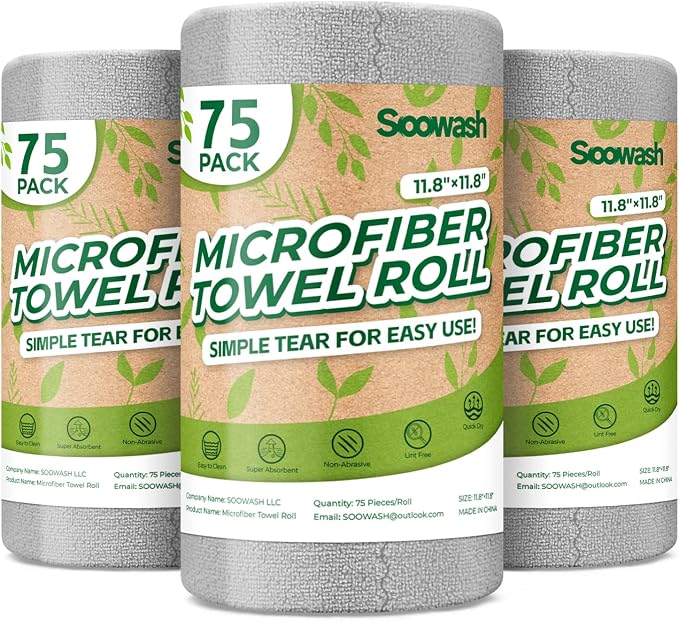 Microfiber Cleaning Cloths Roll, 225 Pack Tear Away Microfiber Towels Roll, 12" x 12" Lint Free Rags, Reusable Cleaning Cloths, Washable, Scratch Free,Ultra Absorbent Dish Rags(Grey)