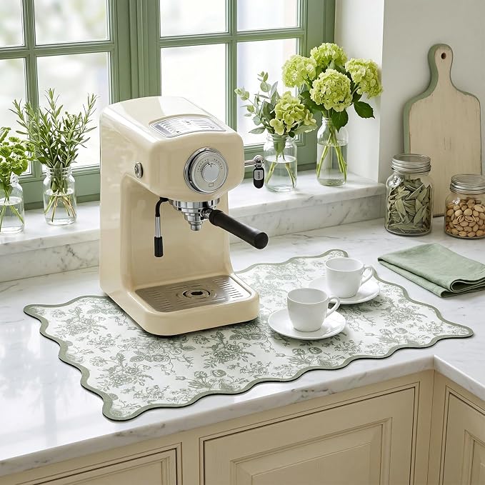 Sage Green Floral Chinoiserie Dish Drying Mat 12"x20" Scalloped Absorbent Coffee Mat Cuttable Hide Stain Non-slip Drying for Kitchen Counter Coffee Maker Espresso Machine