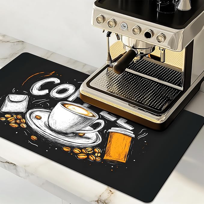 Dish Drying Mat Large Coffee Mat Absorbent Drying Mat for Kitchen Counter Coffee Bar Accessories 32"x 17", Coffee and Beans 5