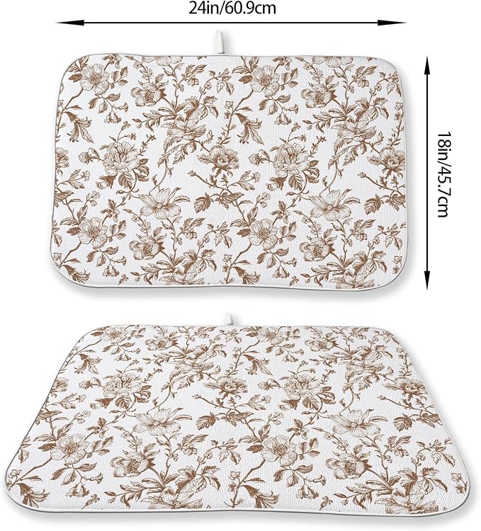 Brown Floral Dish Drying Mat 18x24 Inch Vintage Fall Brown Floral Drying Mat for Kitchen Counter Absorbent Autumn Flowers Dishes Dry Pad for Drainer Rack Kitchen Fast Dry