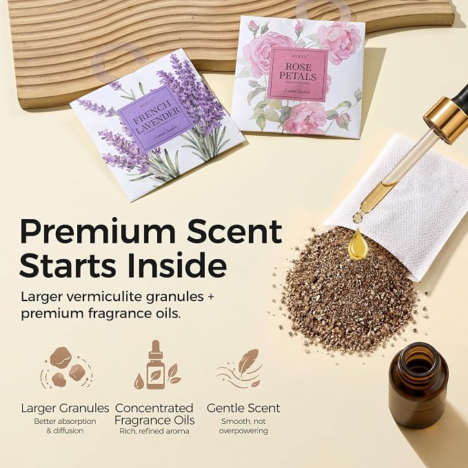 12 Pack Rose Scented Sachets, Air Freshener for Home & Small Spaces | Hanging Sachet Bags with Retractable Hook; Closet Deodorizer & Odor Eliminator for Drawers, Shoe Cabinets, Cars & Luggage