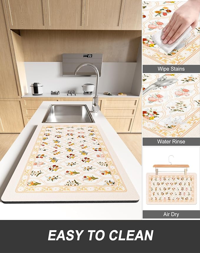 Rnivvi Dish Drying Mat for Kitchen Counter, 12 x 19" Cute Flower Theme Super Absorbent Draining Pad, Non-Slip Heat Resistant Coffee Bar Mat for Coffee Machine Station Accessories, Beige Dish Rack Pad