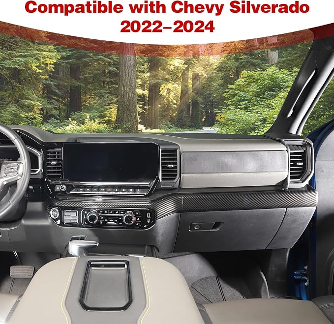 for Silverado Center Console Dashboard Panel Trim Cover Carbon Fiber for Chevy Silverado 2022 up Carbon Fiber Grain Interior Accessories 2pcs