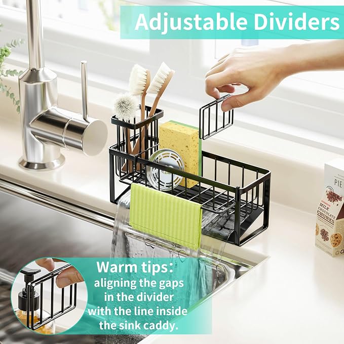 HapiRm Sponge Holder for Kitchen Sink - Self-draining Sink Caddy with Brush and Dishcloth Holders with Sloping Drainage - Black