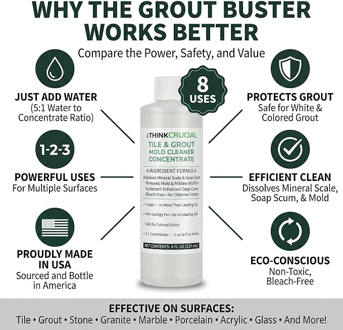 Think Crucial 8-Use Tile, Grout & Caulk Cleaner Concentrate, Bleach Free, Citric Acid, 8 fl oz