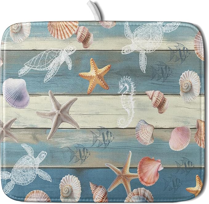 Giwawa Coastal Starfish Dish Drying Mat Summer Sea Turtle Drainer Rack Mat Absorbent Microfiber Kitchen Countertop Protector Dishes Pad 16x18 inch