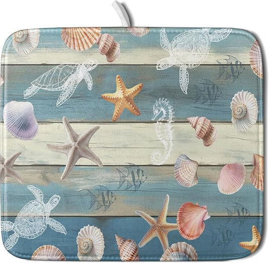 Giwawa Coastal Starfish Dish Drying Mat Summer Sea Turtle Drainer Rack Mat Absorbent Microfiber Kitchen Countertop Protector Dishes Pad 16x18 inch