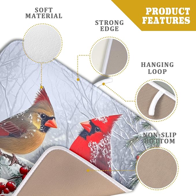 Christmas Bird Dish Drying Mat for Kitchen Counter 16 x 18 Inches Red Winter Absorbent Reversible Microfiber Mats for Berry Dish Rack Pad Drainer Mat for Coffee Bar Decor