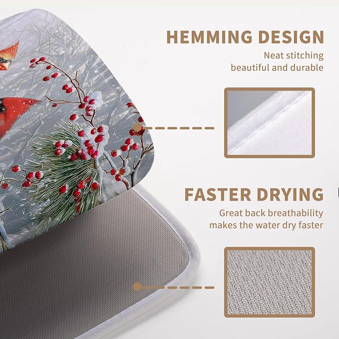 Winter Cardinal Birds Dish Drying Mats Christmas Snowflake Dish Mat Kitchen Tree Large Drying Matt Dishes Dryer Pad for Kitchen Counter Absorbent Microfiber Washable Foldable Reusable 18x24 in