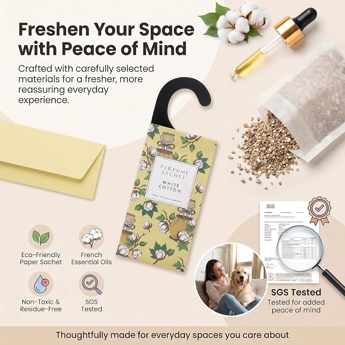 Large 12 Packs White Cotton Hanging Scented Sachets Long-Lasting Closet Deodorizer Air Freshener Fabric Refresher Odor Eliminator for Drawer Home Fragrance Gift Set