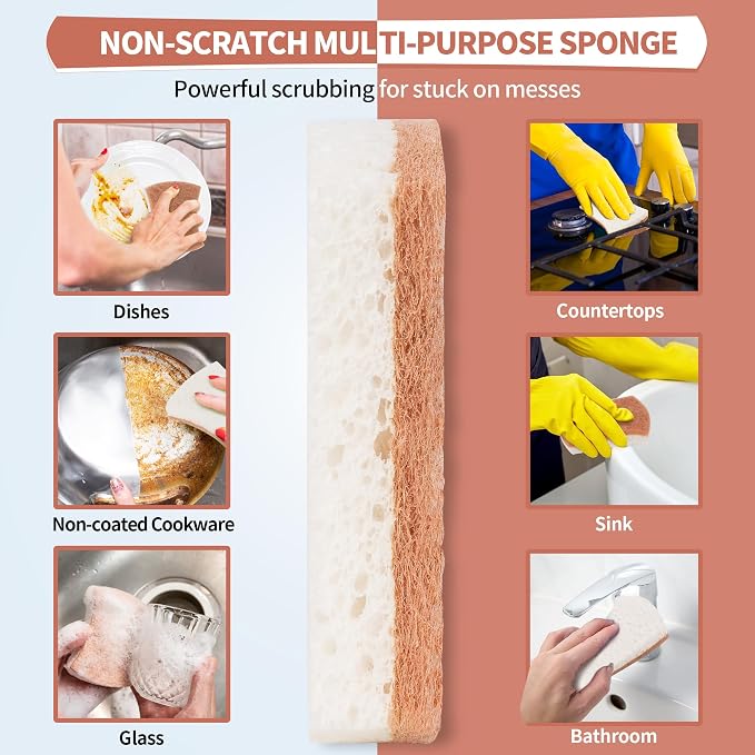 Natural Dish Sponge 24 Pack, Non-Scratch Scrub Sponge, Eco Multipurpose Kitchen Sisal Fiber Cellulose Sponge, Odor-Less Dual-Sided for Dish Washing & Household Cleaning
