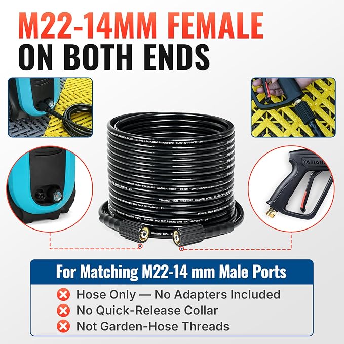 YAMATIC Kink-Resistant Pressure Washer Hose 50 FT 1/4", 3200 PSI M22-14mm | OEM-Upgraded Replacement Hose With M22-14mm Brass Female Fittings Fit Ryobi Troy-Bilt Greenworks Craftsman