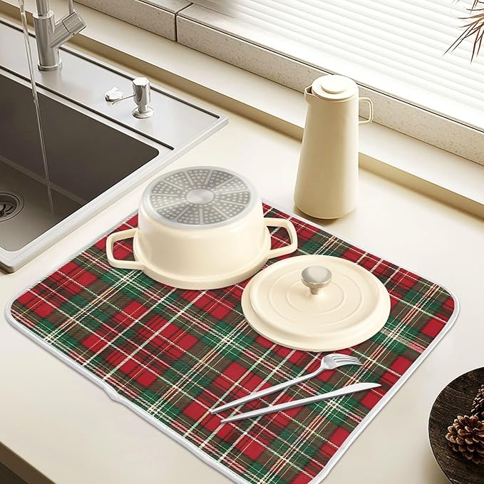 Christmas Red Green Buffalo Checkered Dish Drying Mat for Kitchen Counter Absorbent Microfiber Large Drying Pad Dish Mats for Kitchen Countertops 18 x 24 Inch