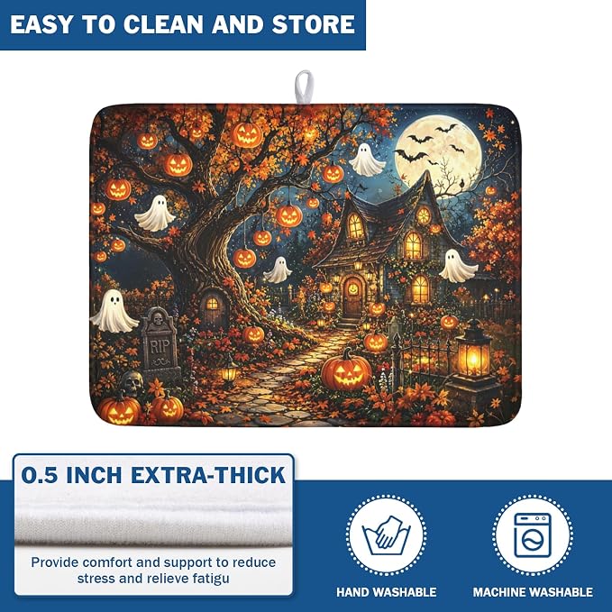 Halloween Dish Drying Mat for Kitchen Counter Seasonal Holiday Fall Spooky Pumpkin Ghost Microfiber Dish Drainer Mat Vintage Rustic Absorbent Washable Drying Pad 18"x24"