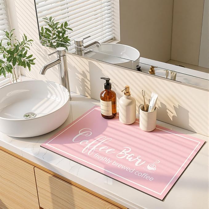 Findosom Dish Drying Mat, 12" x 20" Super Absorbent & Hide Stain Coffee Mat, Cuttable Drying Mat for Kitchen Counter, Coffee Bar Accessories, Under Dish Rack, Coffee Maker, Espresso Machine, Pink