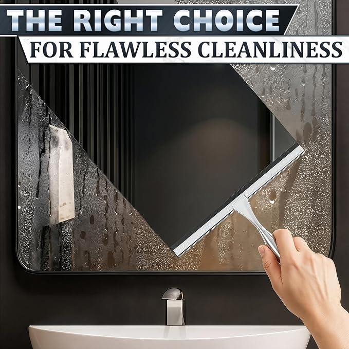 Shower Door Squeegee with Hook, 10" Silicone Blade, Steel (Silver) | Squeegee for Shower Glass with Adhesive Mount; All-Purpose Bathroom Tile, Mirror, & Window Wiper for Streak-Free Cleaning