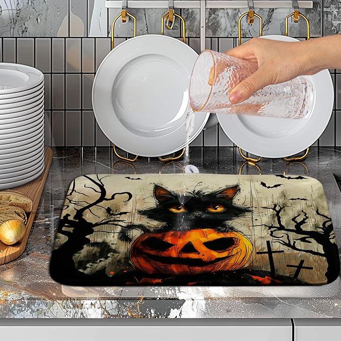 Black Cat Halloween Kitchen Dishes Drying Mat 16x18 Inch Halloween Fall Pumpkin Bat Dish Drying Mats for Kitchen Counter Absorbent Microfiber Dish Rack Mat Drainer Pad for Coffee Bar Sinks