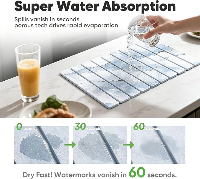 Stone Drying Mat for Kitchen Counter, Quick Diatomaceous Earth Mats for Dishes, 24"L x 16" W Super Absorbent Fast-Drying Collapsible Countertop Stone Mat (Marble White-09, 24" x 16")