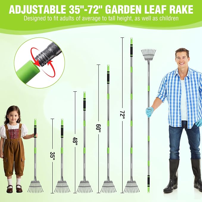 WORKPRO Rake, Small Rake for Leaves with 72” Adjustable Long Handle | 11 Steel Tines, Heavy Duty Metal Leaf Rakes for Garden, Lawn, Yard, Flower Bed, Narrow Rakes 9" Wide Head for Tight Spaces