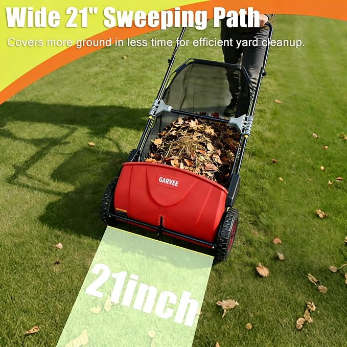 GarveeLife Manual Push Lawn Sweeper 21-Inch, Yard Leaf & Debris Collector with 3.5 Cu. Ft. Collection Bag, Adjustable Brush Height for Lawns & Driveways, Foldable Storage Design