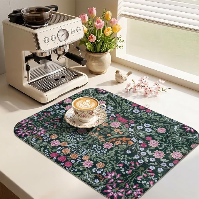 Boho Dish Drying Mat for Kitchen Counter,Botanical Floral Dark Green Farmhouse Absorbent Microfiber Reusable Washable Non-Slip Dish Drainer Draining Mats Dishes Pad for Kitchen Decor 18x16 Inch