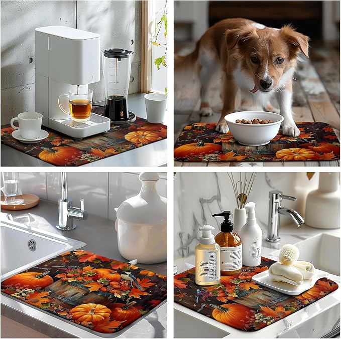 Fall Pumpkin Kitchen Drying Mat 16x18 Inch - Autumn Maple Leaves Bird Dish Mat for Kitchen Counter - Microfiber Absorbent Pad for Dishes, Coffee Bar