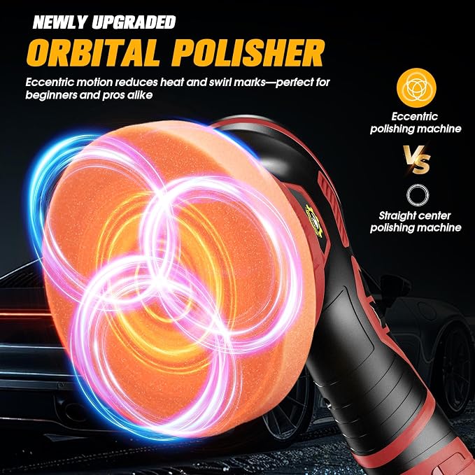 Cordless Car Buffer Polisher kit, DA Polisher with 2*21V Batteries | 2x 21V 2000mAh Batteries, 6-speed, LED Display, Random Orbital, 18 pcs Assorted Polishing Pads for Car Detailing-Red