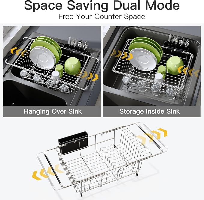 JASIWAY Dish Drying Rack in Sink, Expandable Stainless Steel Dish Drainers for Kitchen Counter, Dish Dryer Rack for Inside Sink, Over The Sink Dish Racks with Utensil Holder, Silver