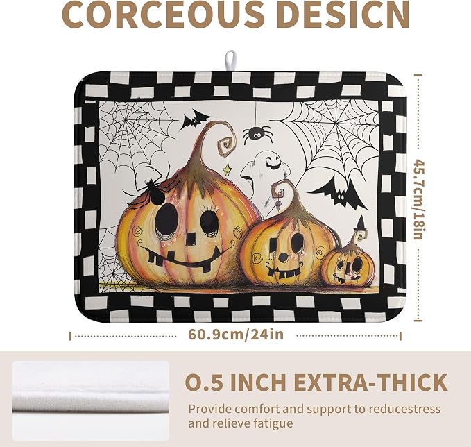 Happy Halloween Fall Pumpkin Dish Drying Mat for Kitchen Counter 18x24 In Spooky Ghost Bats Spider Web Buffalo Plaid Drying Mats Microfiber Dish Drainer Mat Large Absorbent Fast Dry Pad