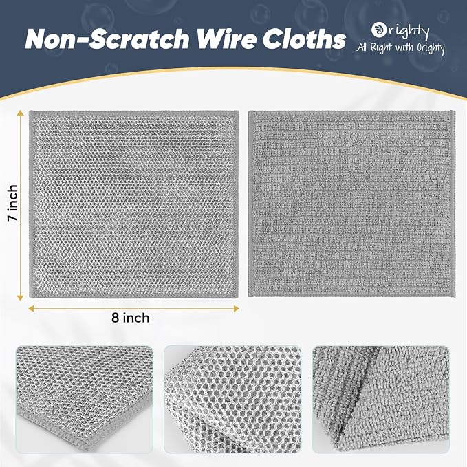 Orighty Multipurpose Wire Dishwashing Rag, 48 Pcs Upgraded Double-Layer Non-Scratch Wire Dish Cloths, Reusable Steel Scrubber Dishcloth Rags for Kitchen, Cookware, 7"x8", Grey