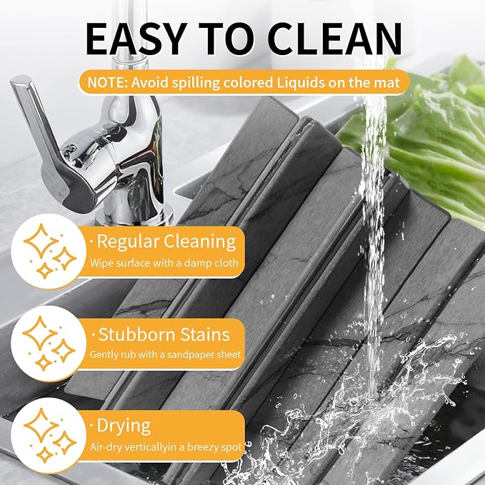 Stone Dish Drying Mat for Kitchen Counter, 24"×16" Quick Dry Stone Dishes Mat, Foldable Water Absorbing Diatomaceous Earth Drying Mats with Non-Slip Heat-Resistant Base for Dishes Utensils(Dark Gray)