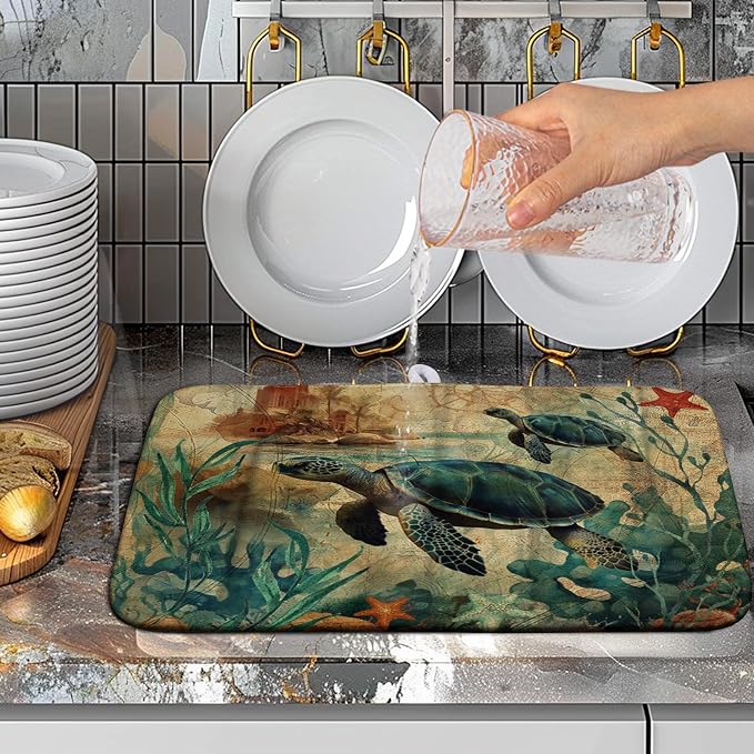 Vintage Ocean Sea Turtle Dish Drying Mats for Kitchen Counter 16 X 18 Inch Summer Turtle Dish Mat Drying Kitchen Mat Nautical Coastal Absorbent Drying Mat with Hanging Loop, 240219