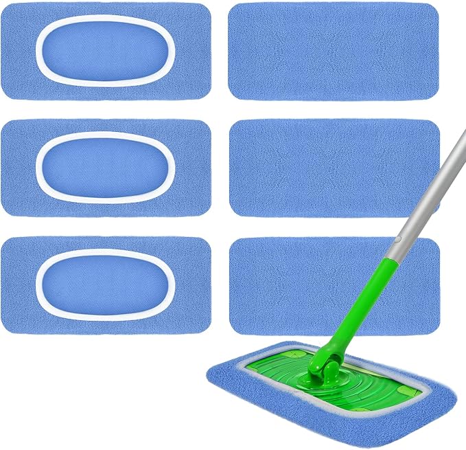 6 Pack Reusable Microfiber Mop Pads - Compatible with Sweeper, Reusable Mop Pads, Washable Dry Cloths & Wet Pads Refill for Hardwood Laminate Tile Floor Cleaning (6, Blue, M)